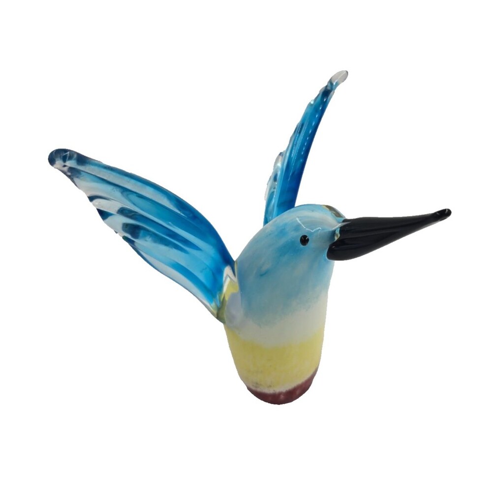 Art Glass HUMMINGBIRD Figurine Blue Yellow Red Colorful Paperweight Lg Beak